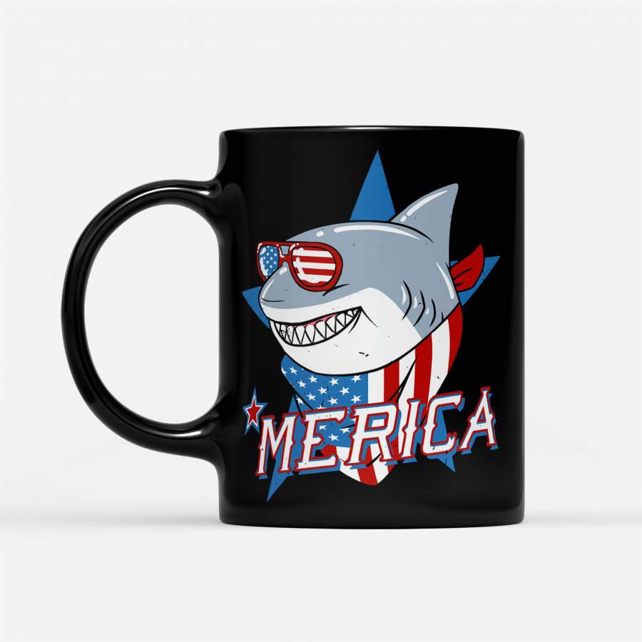 Shark Merica American Flag – Black Mug