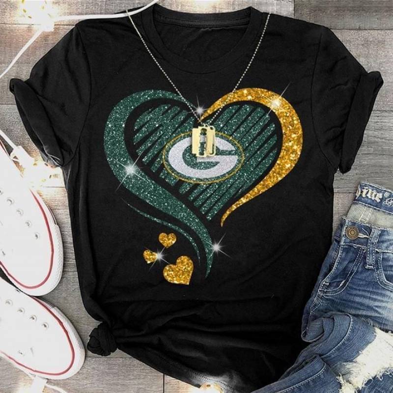 Green Glitter Green Bay Packers Heart Shaped T Shirt