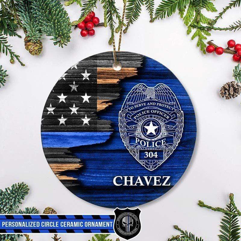 Half Flag Police Badge Wood Texture Thin Blue Line Christmas Circle Ornament