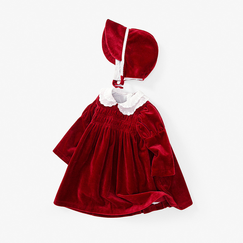 2022 Little Girl Red Christmas Clothes Baby Girsl Fall Retro Golden Velvet Long Dress alx