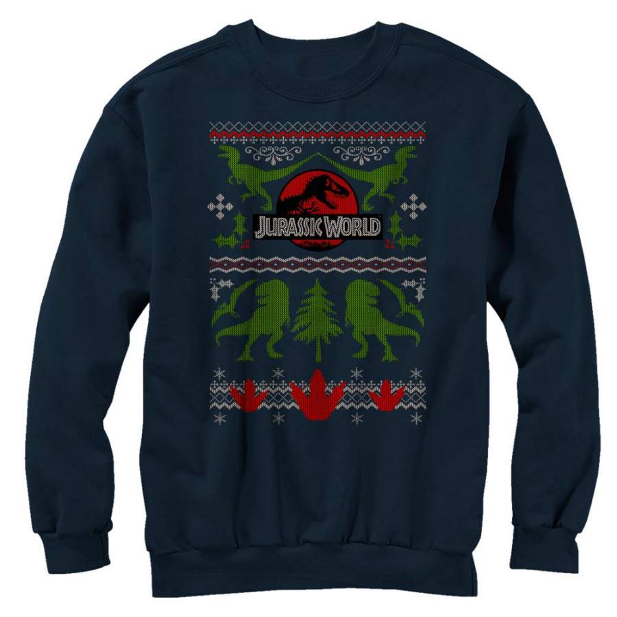 Jurassic World Men’s Ugly Christmas Print  Sweatshirt Navy Blue