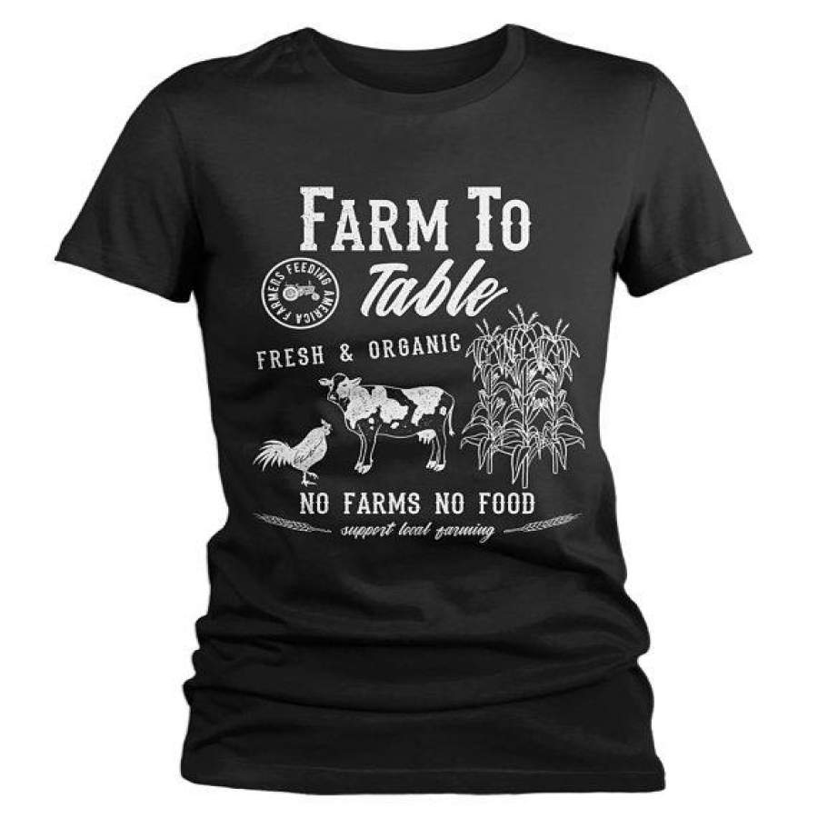 Women’s Vintage Farm To Table T-Shirt Farmers Cow Chicken Corn Farming Tee