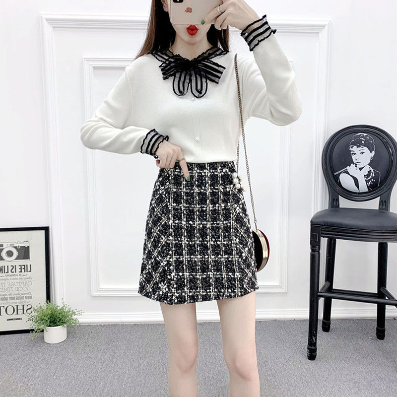 2022 Women Autumn Winter New Two Piece Sets Female Bow Knitted Sweater Tops Ladies High Waist Woolen Mini Skirts Suits A221 alx