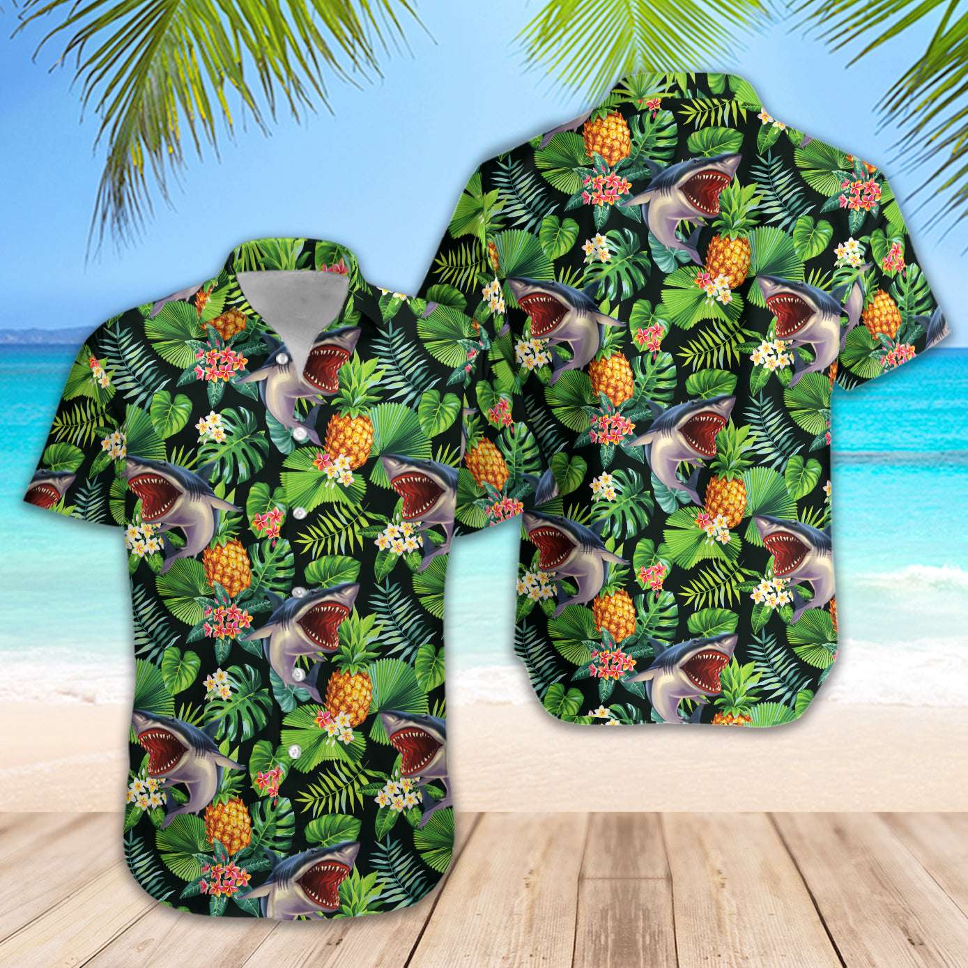 Shark Pineapple Tropical Summer Cool Leaf Shirt Regular Fit Short Sleeve Slim Fit Casual Full Print Shirt