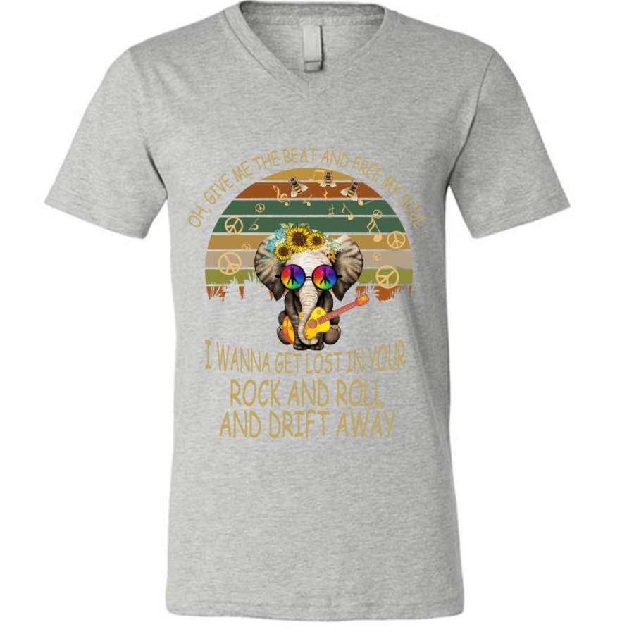 Oh, Give Me The Beat And Free My Soul, I Wanna Get Lost In Your Rock And Roll And Drift Away, Elephant Retro Peace Sign – Canvas Unisex V-Neck Shirt