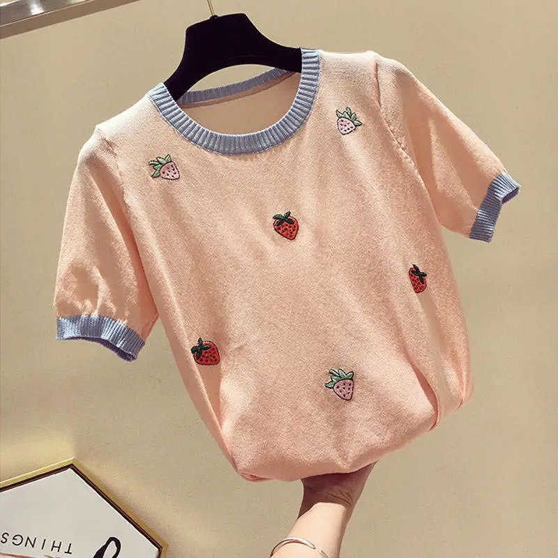 Summer Cute Tops Mesh T-shirt Female Loose Strawberry Print Bottomed Embroidery Shirt Harajuku Basic Short Sleeve Women Sweaters alx