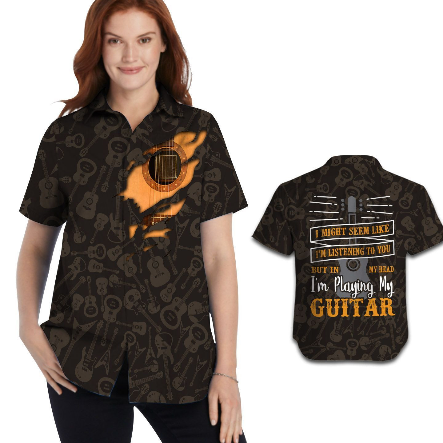 Types Of Guitars Pattern I’M Playing My Guitar Women Button Up Hawaiian Shirt For Guitarist Music Lovers In Daily Life