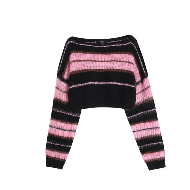 2022 Tops Korean Style Pink Cropped Sweater Women Striped Jumper Vintage Female Autumn Long Sleeve Crewneck Pullovers alx