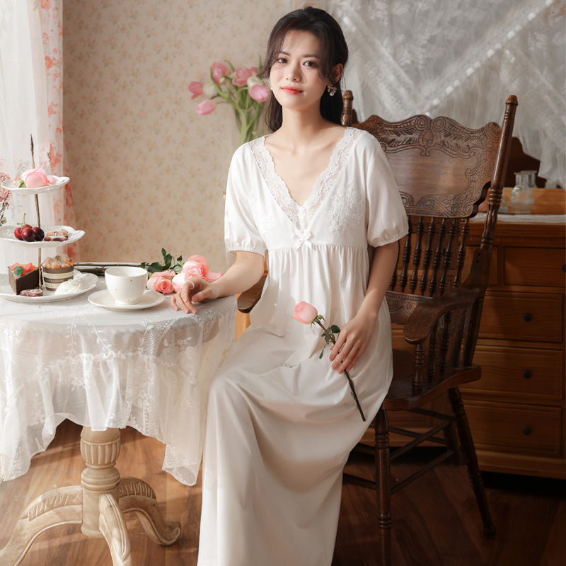 Victorian White Cotton Night Dress Women Spring Summer Sexy Lace Long Peignoir Vintage Nightgowns Princess Sleepwear Nightdress alx