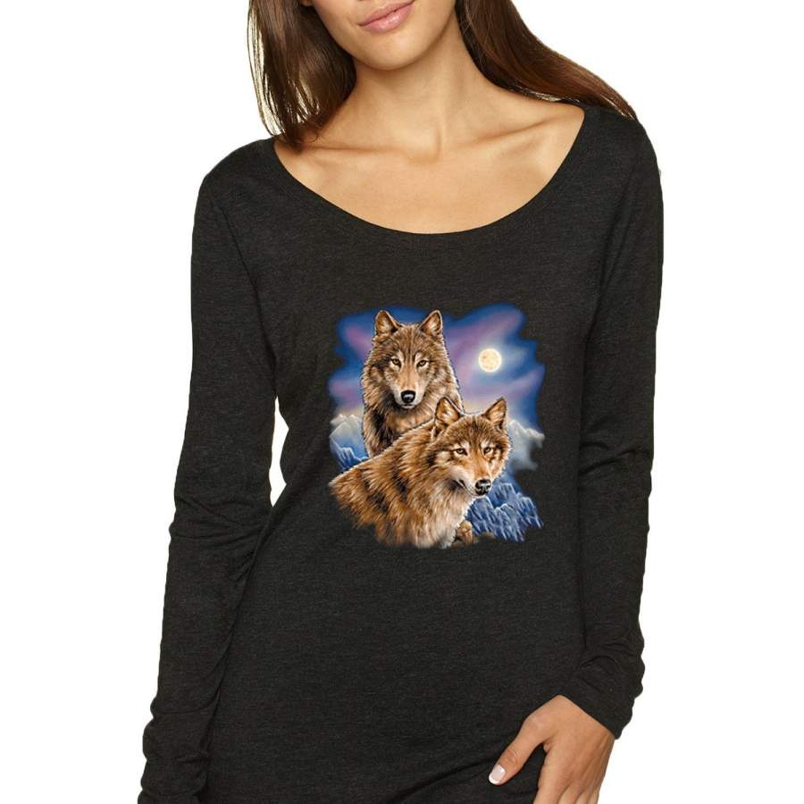 Wolves in Front of the Moon Animal Lover Womens Scoop Long Sleeve Top