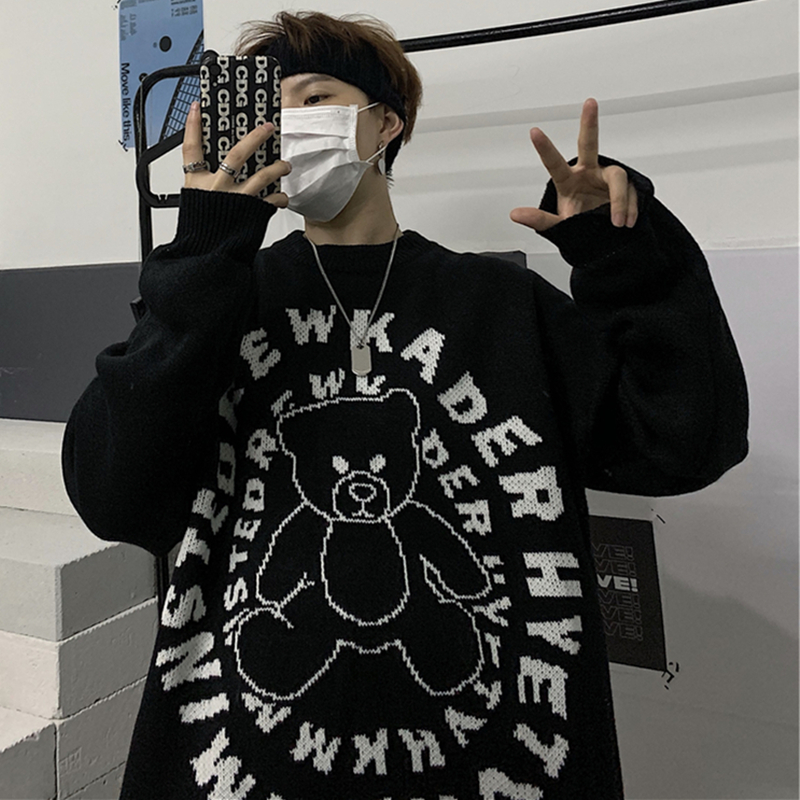 Woherb Korean Cartoon Bear Print Pullovers Oversized Outwear Harajuku BF Sweaters Women Streetwear Fashion Jumper Sueter Mujer alx