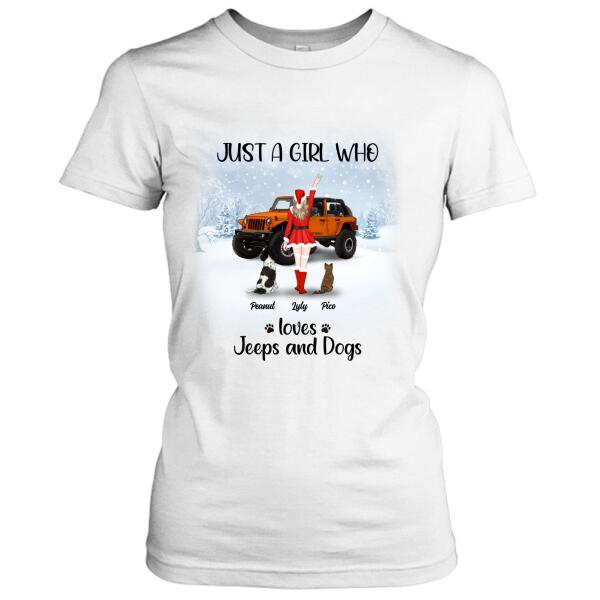 Custom Personalized Christmas Jeep Girl T-Shirt/ Pullover Hoodie – Girl With Upto 4 Pets – Christmas Gift For Dog/ Cat Lover – Just A Girl Who Loves Jeeps And Dogs