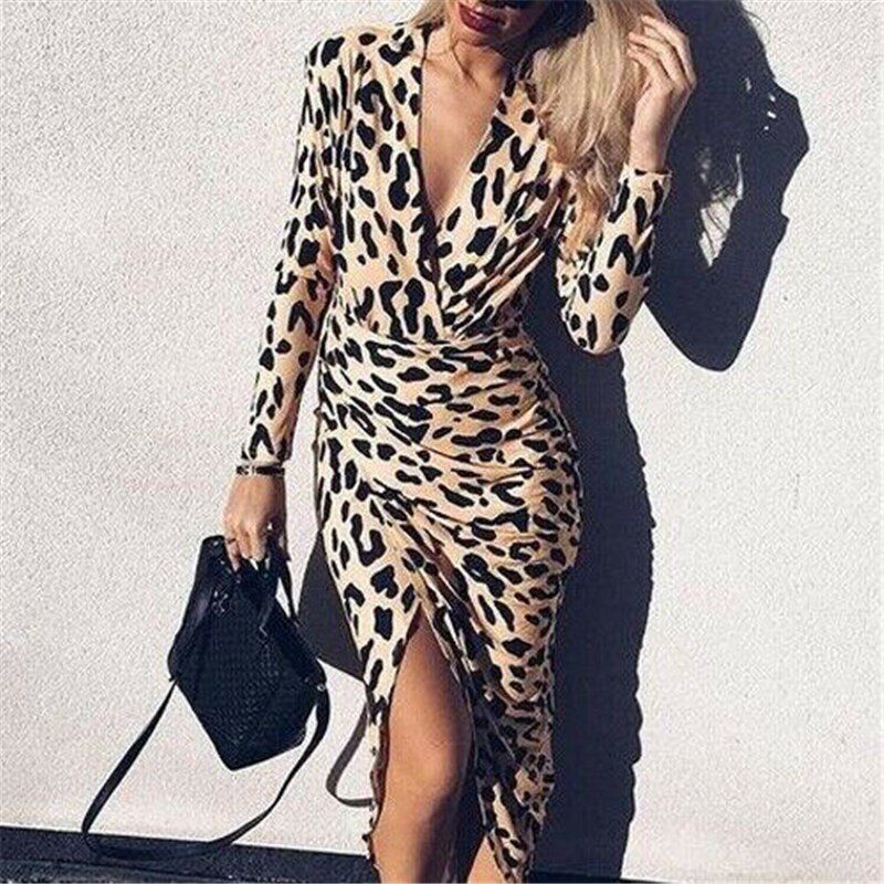 Sexy V Neck Long Sleeve Fashion Elegant Leopard Dress