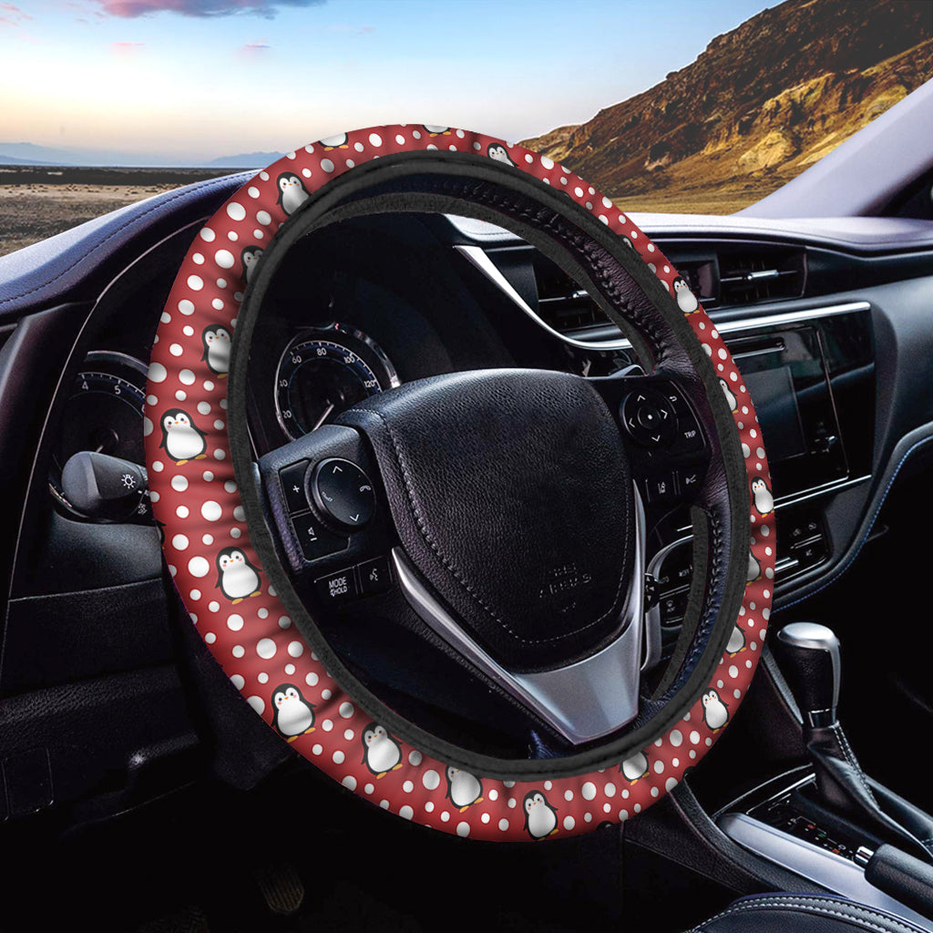 Red Snow Penguin Pattern Print Car Steering Wheel Cover