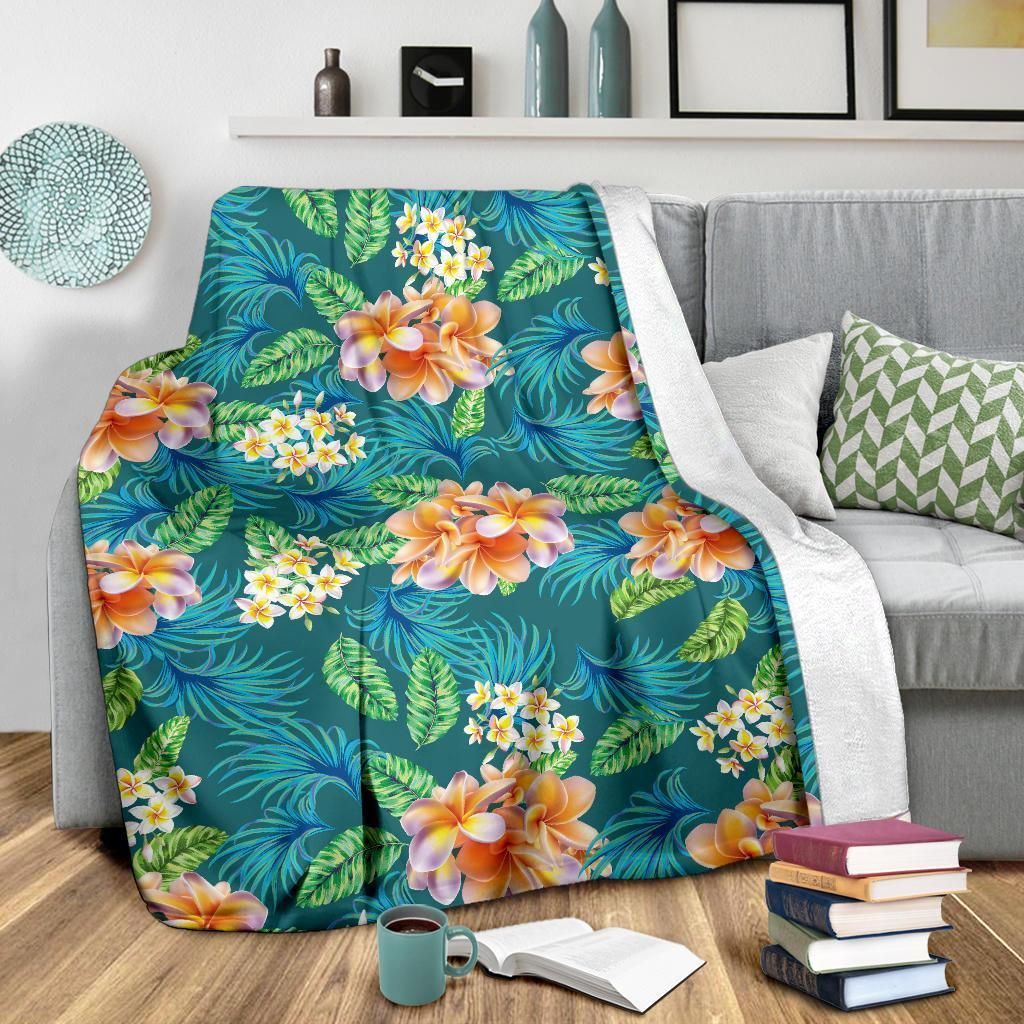Plumeria Tropical Flower Design Print Blue Fleece Blanket - Gearnoble