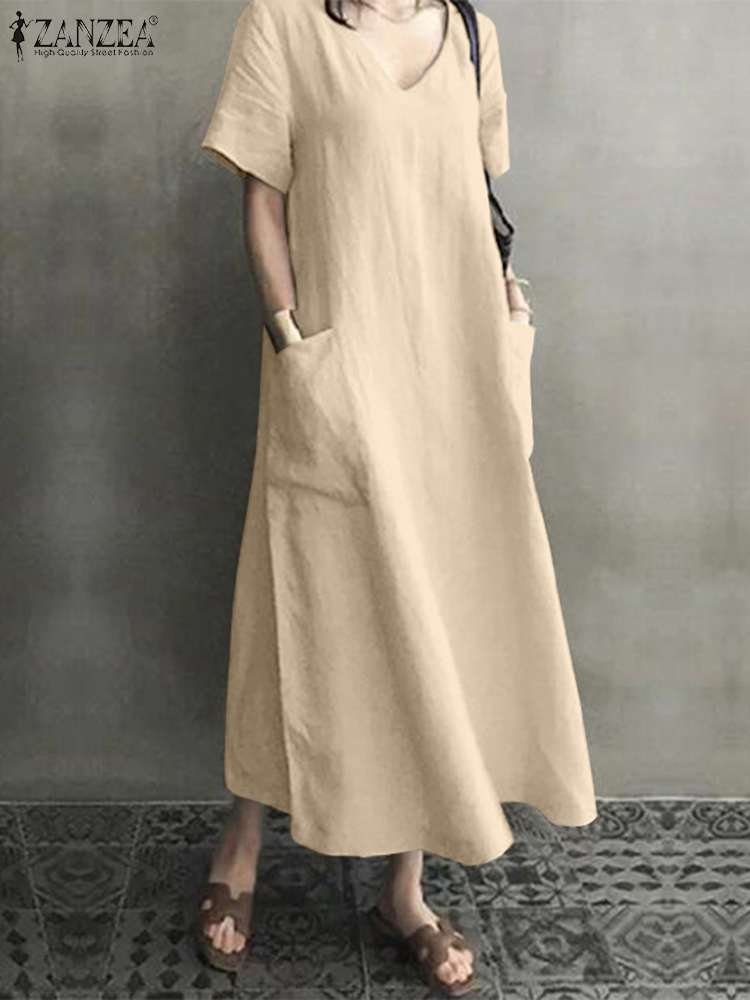 ZANZEA 2022 Women Long Maxi Summer Dress Casual Cotton Linen Ladies Big Pockets Beach Party Robe Femme Vestidos alx