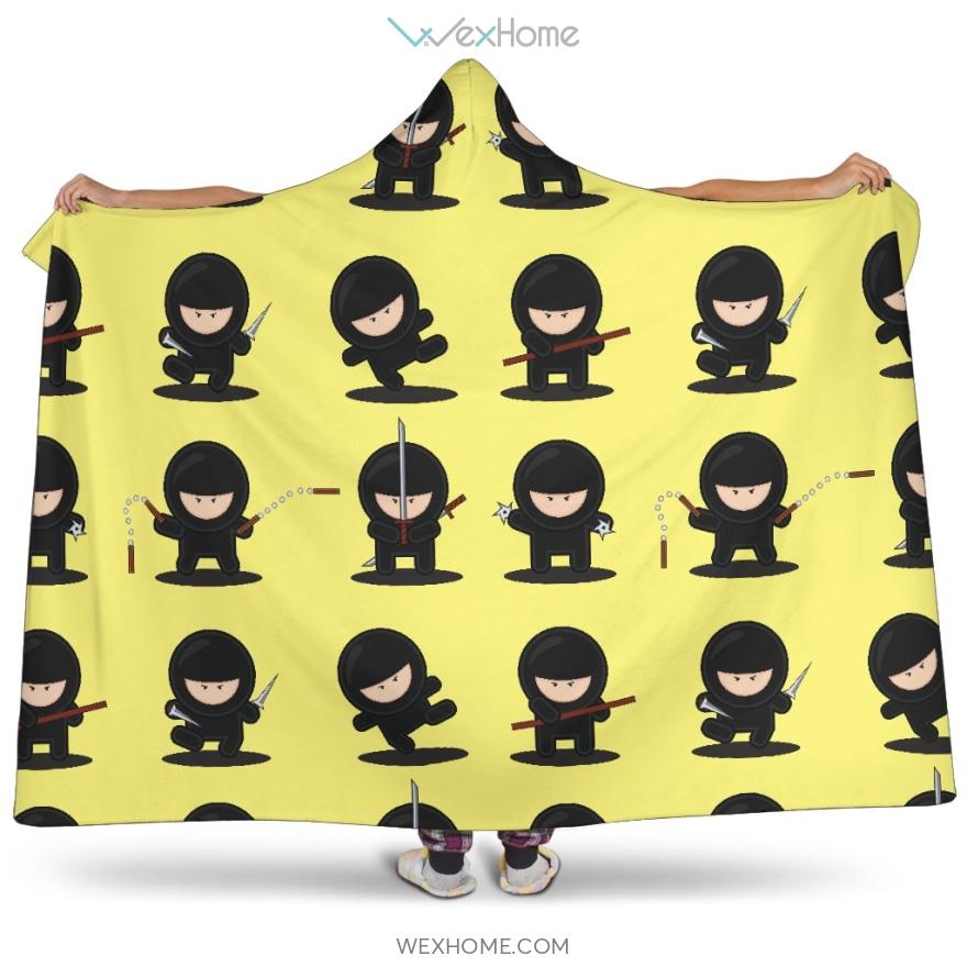 Cute Ninja Yellow Background Hooded Blanket