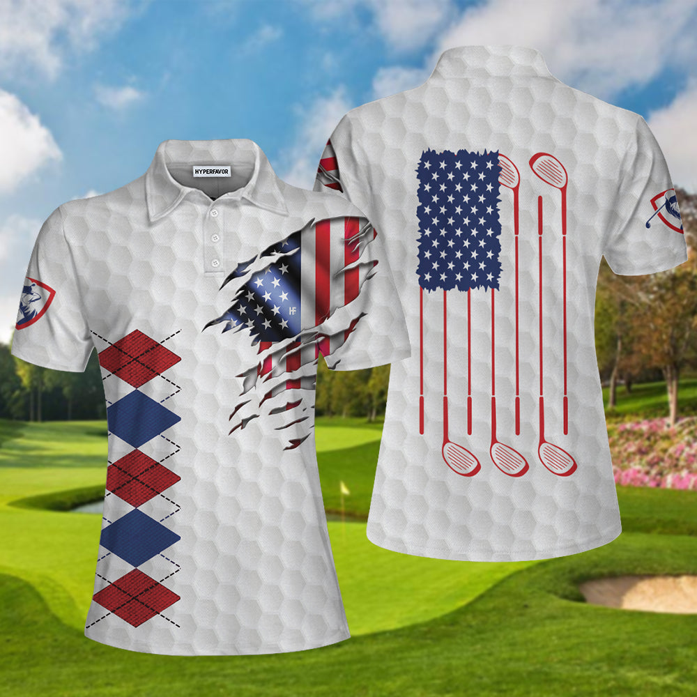 American Flag With Argyle Pattern Golf Short Sleeve Women Polo Shirt, Best Female Golf Gift Idea Coolspod