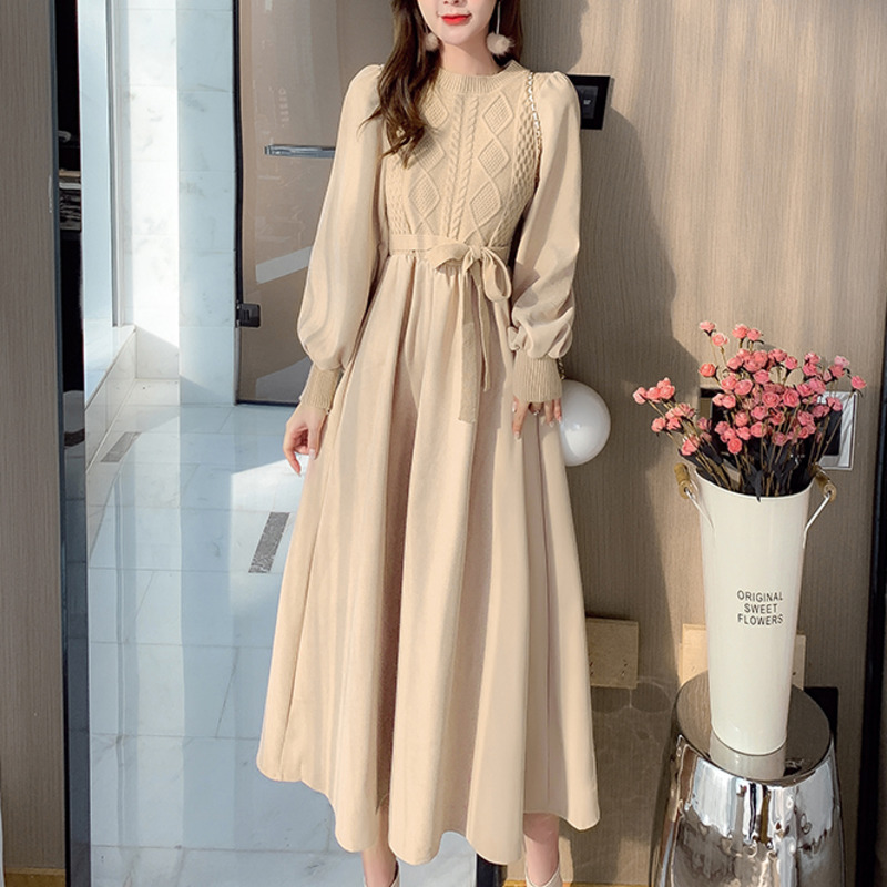 2022 Elegant Solid Women Robe Fashion Korean O-neck Puff Long Sleeve Splice Knit Dresses Autumn Vintage Corduroy Vestidos Mujer alx