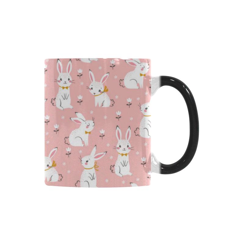 Cute white rabbit flower pink background Morphing Mug Heat Changing Mug