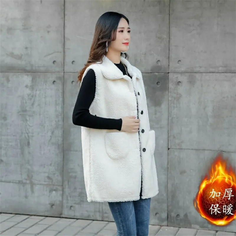 Women Lamb Wool Vest Jackets Vintage Casual Chaleco Mujer Autumn Winter Turndown Loose Mid-Length Waistcoat Pocket Gilet Femme alx