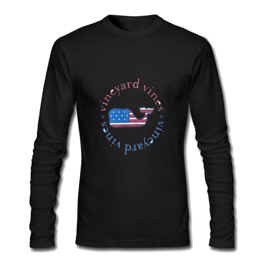 American Flag And Whale Vines* Vineyard Black New T-Shirt Men’S Fashion Crew Neck Long Sleeves Cotton Tops Clothing