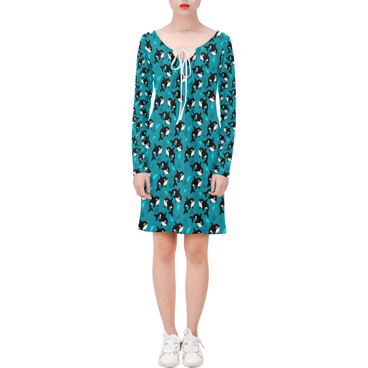 Whale Sea Design Themed Print Long Sleeves Dress