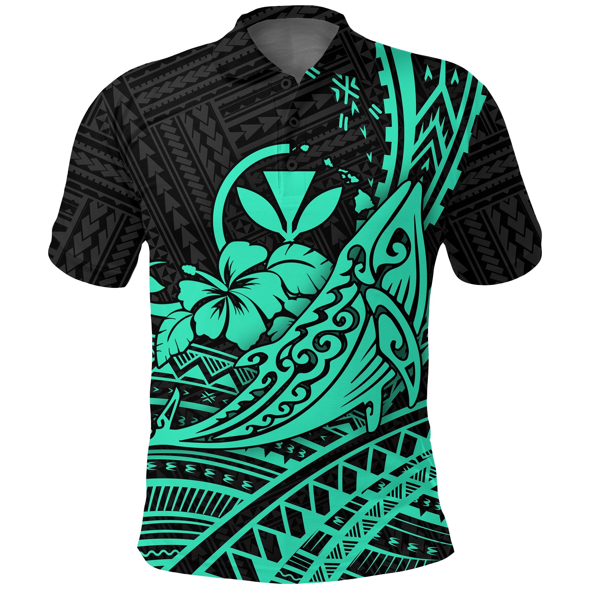 Hawaii Humpback Whale With Hibiscus Tribal Turquoise Polo Shirt – Lt12