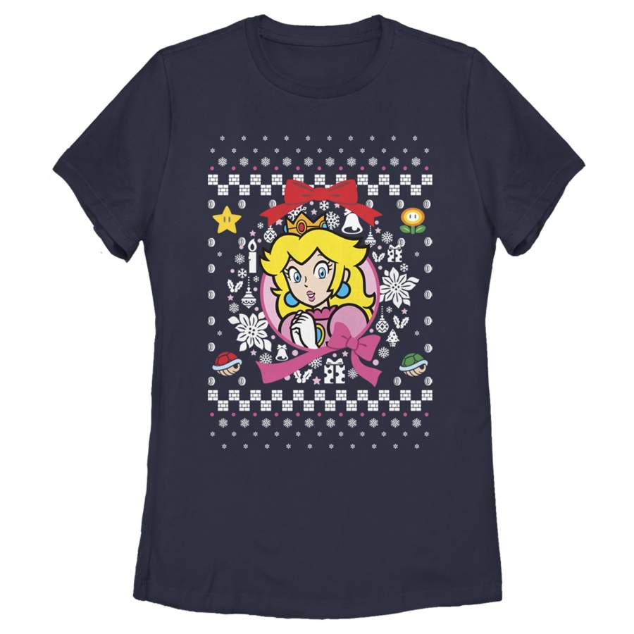 Nintendo Women’s Ugly Christmas Peach Wreath  T Shirt