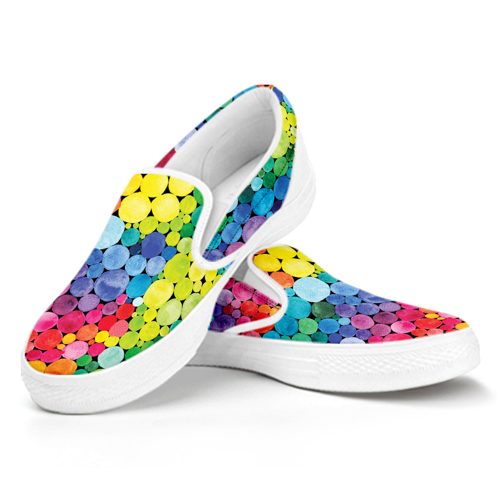 Watercolor Rainbow Pattern Print White Slip On Shoes