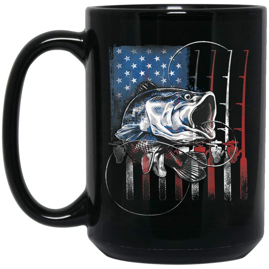 Fishing American Flag Vintage 15 oz Black Mug