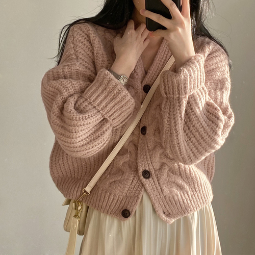 V Neck Puff Long Sleeve Cropped Pink Cardigan Women Clothes Pull Sueters De Mujer Korean Twist Sweater Knit Coat Grey Y2k Top alx