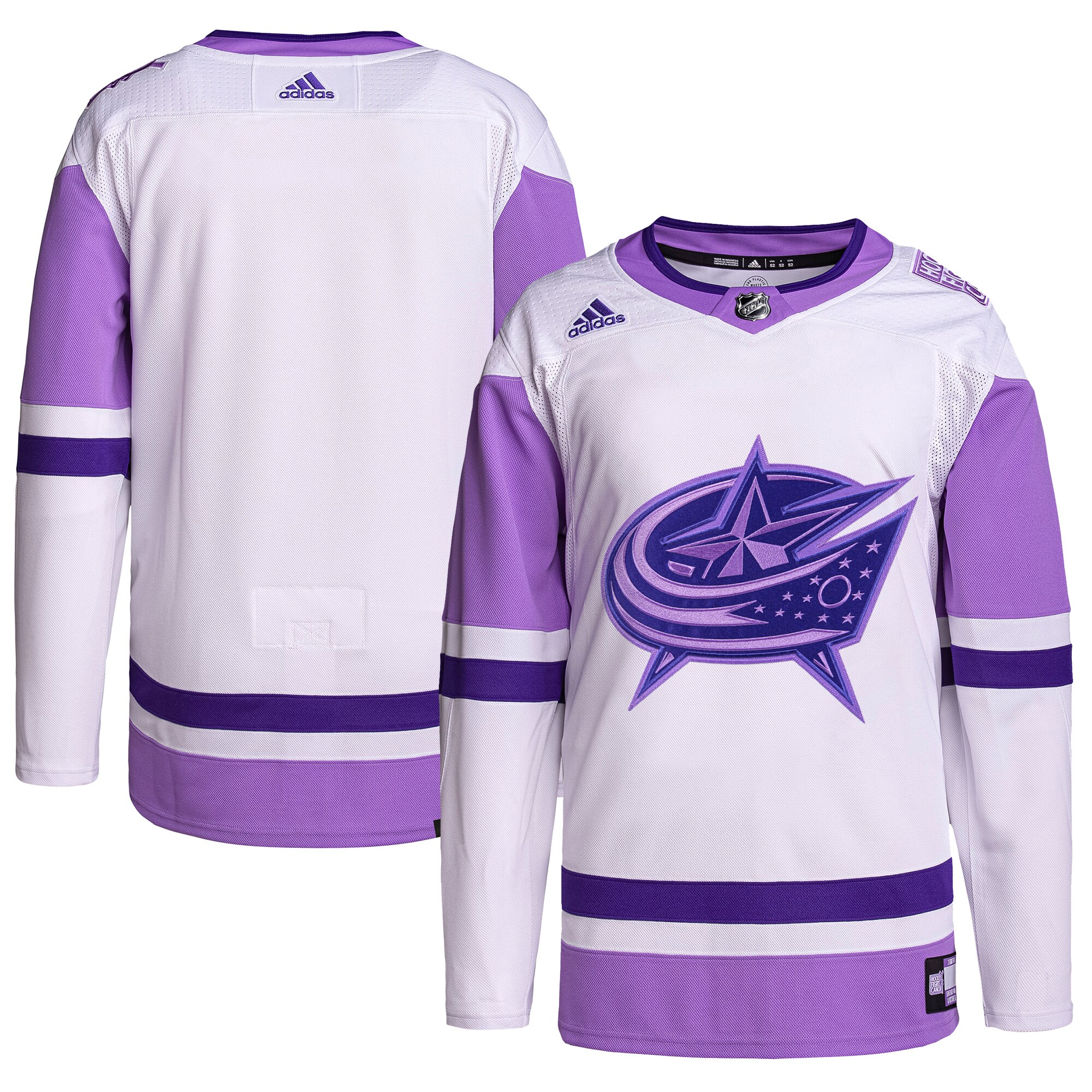 Men's Columbus Blue Jackets adidas White/Purple Hockey Fights Cancer Primegreen Authentic Blank Practice Jersey