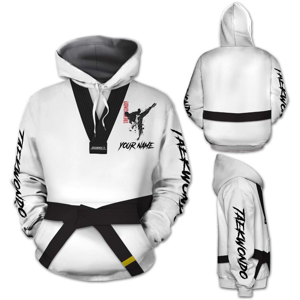 Taekwondo hoodie with customized belts and customized name for martial arts lovers in daily life.