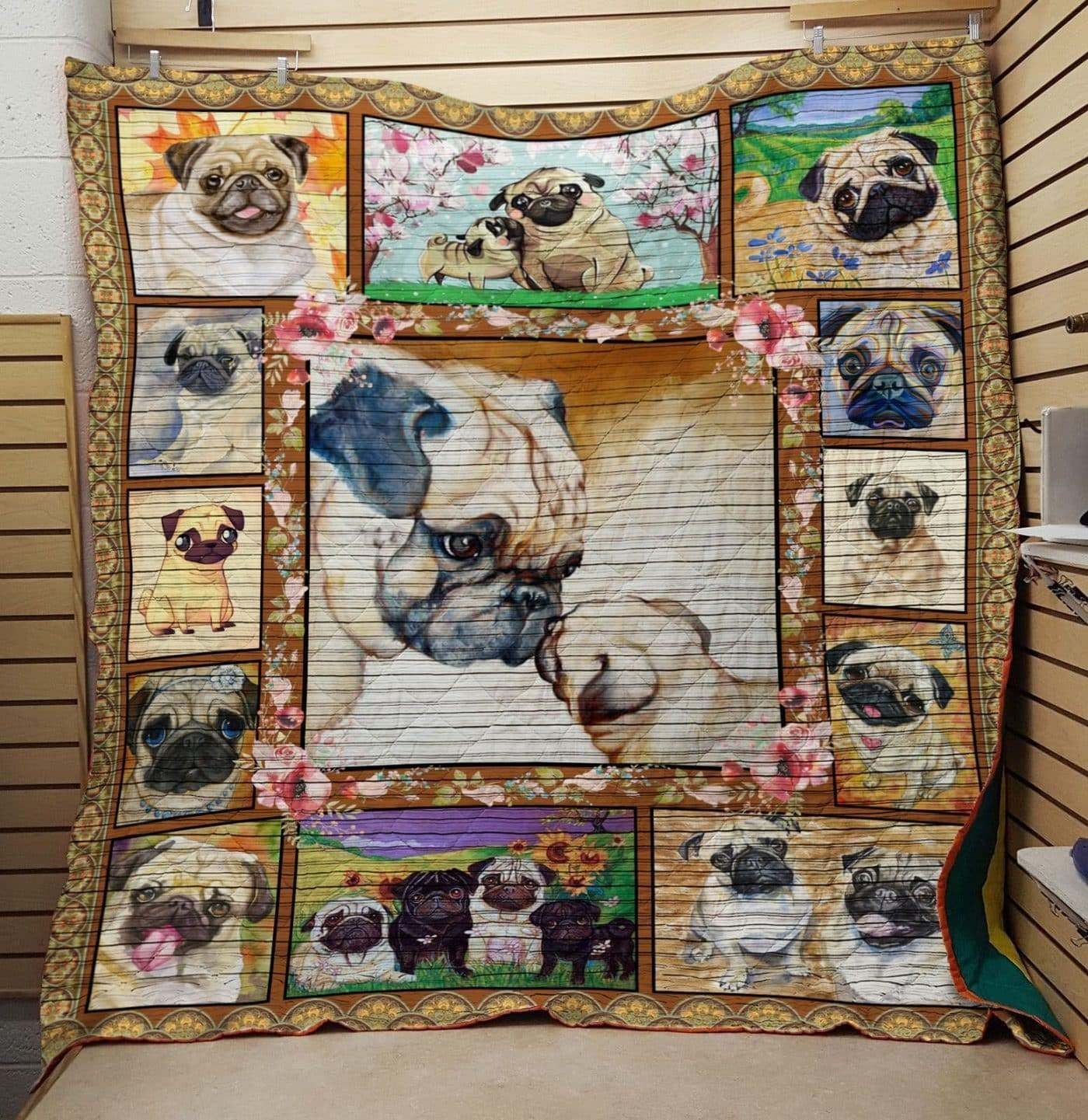 Pug Little puppy with family Quilt Blanket