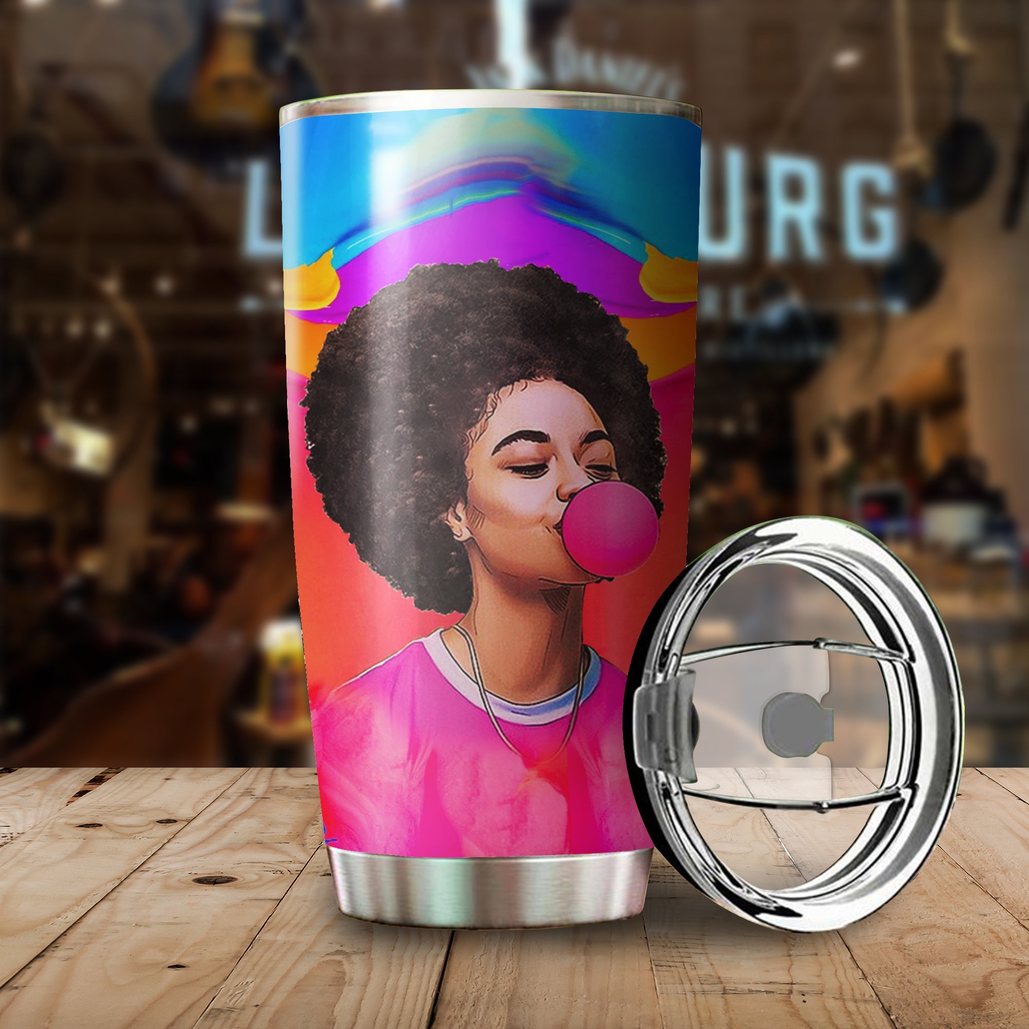 Black Girl Blow Pink Bubble Stainless Steel Insulated Tumbler