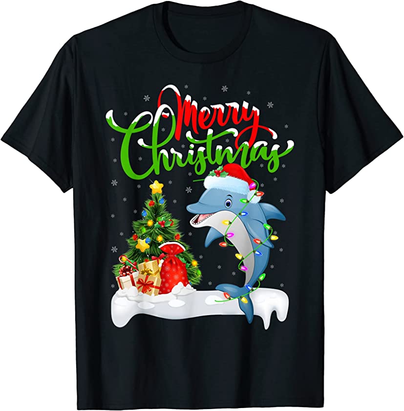 Funny Dolphin Fish Lover Xmas Lighting Dolphin Christmas T-Shirt