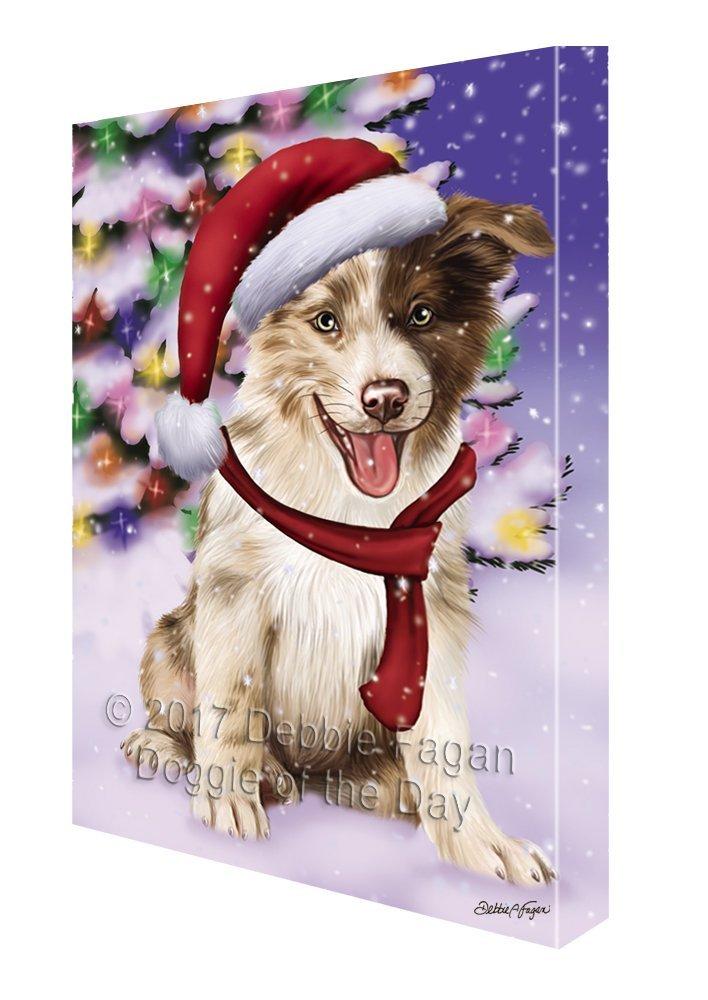 Winterland Wonderland Border Collies Puppy Dog In Christmas Holiday Scenic Background Painting Printed On Canvas Wall Art