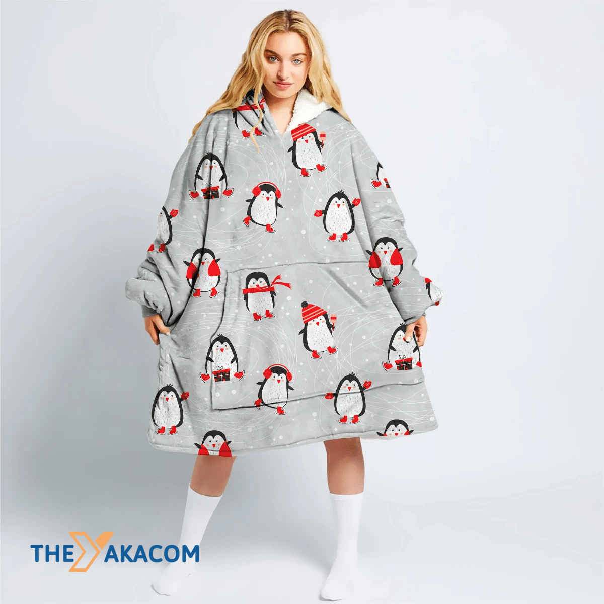 Christmas With Penguins Skating Cartoon Background Hoodie Blanket