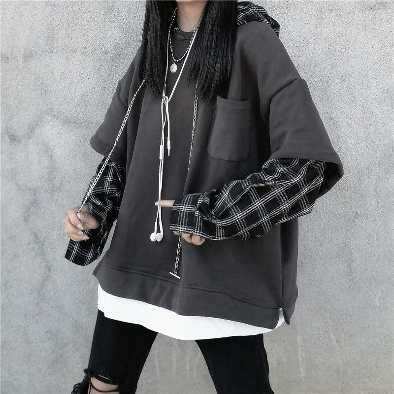 Autumn Plaid Hoodies Women Loose Causal Deeptown Striped Lady Sweatshirt Gothic Style Korean Fashion Street Pullovers New alx