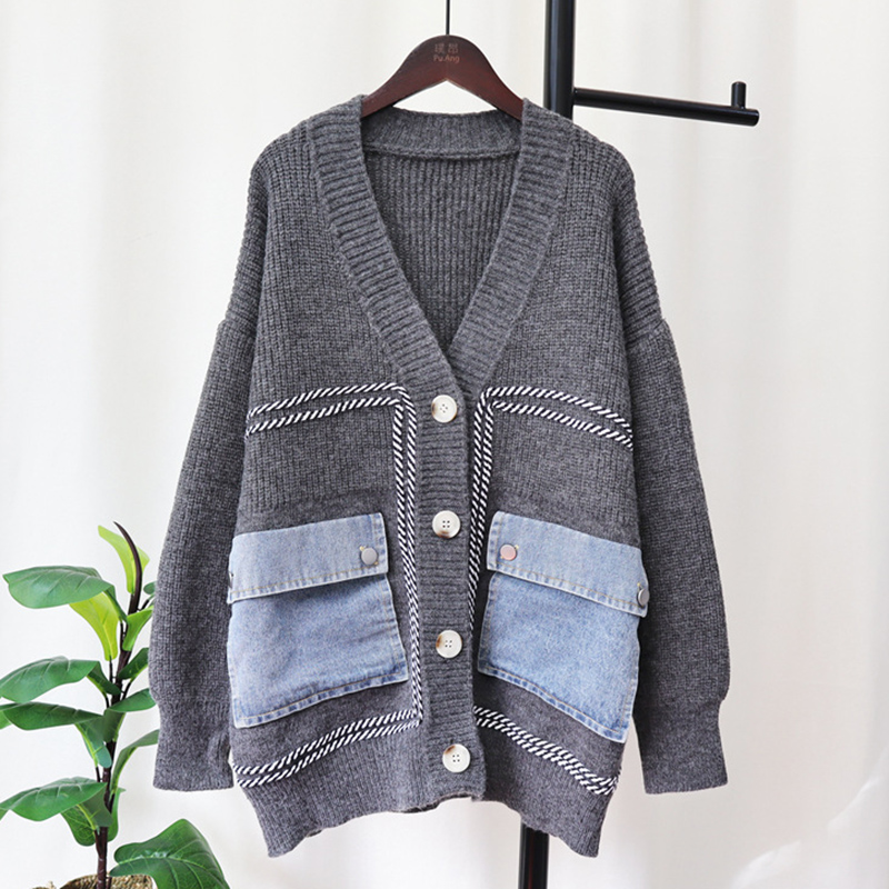 WAYOFLOVE Vintage Denim Pockets Knitted Cardigans Sweaters Women Autumn Winter V Neck Spliced Women’s Cardigan Soft Warm Sweater alx