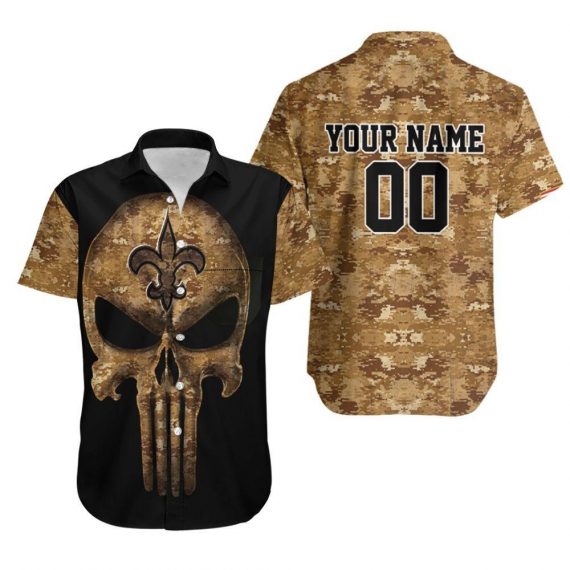 Personalized Camouflage Skull New Orleans Saints American Flag Hawaiian Shirt Mh135