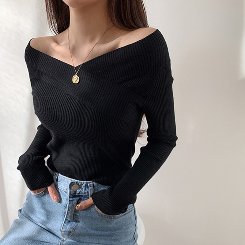 Autumn Winter Off The Shoulder Solid Color Slim Long Sleeve Knitted Tops For Women’s Casual All Match Chic Sweater alx