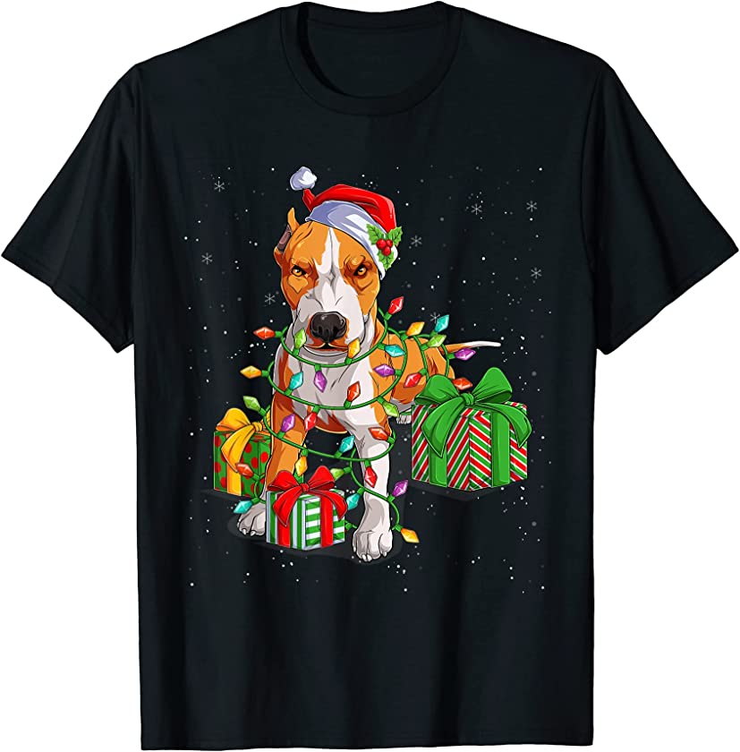 Pitbull Dog Santa Christmas Tree Lights Puppy Dog Lover PJ T-Shirt