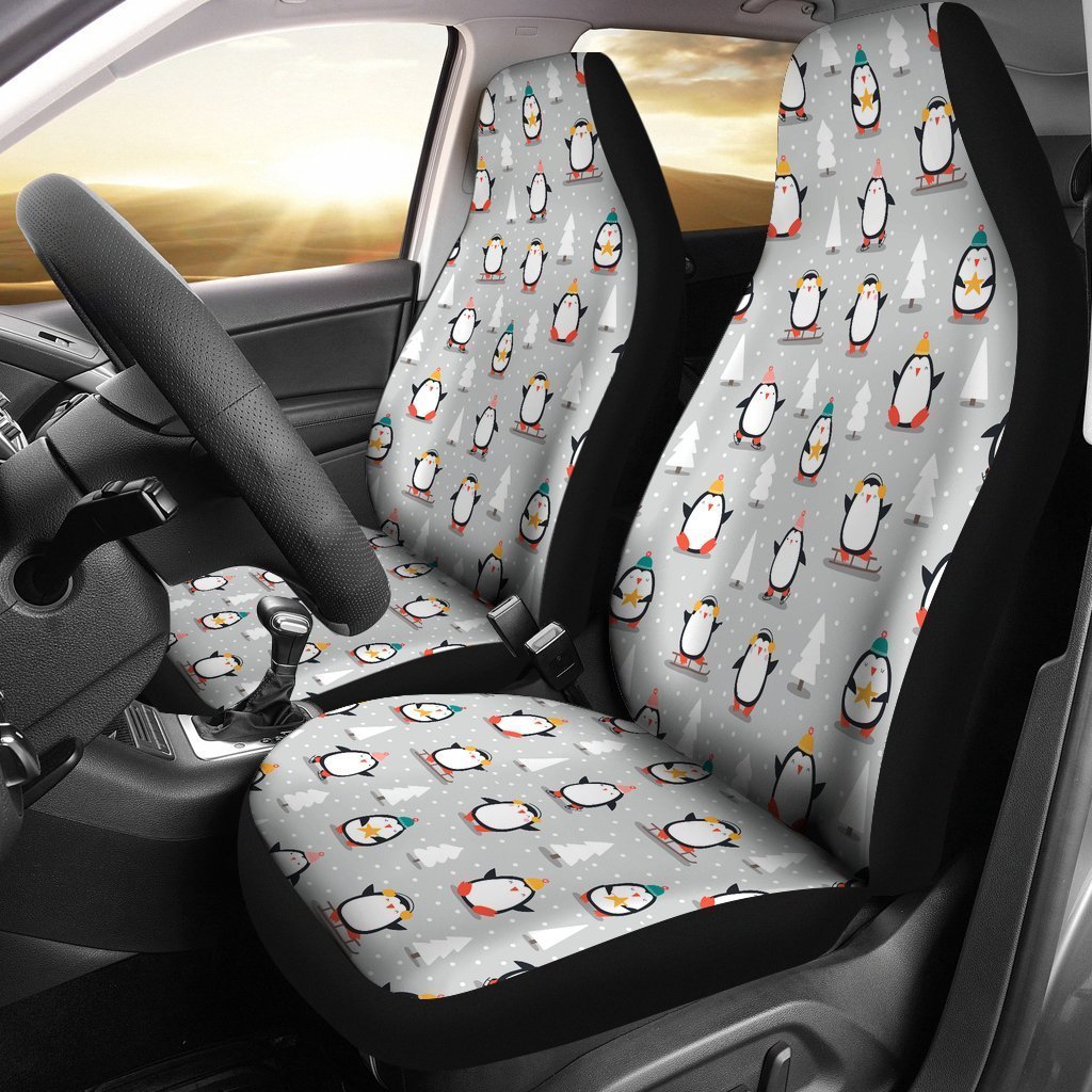 Christmas Tree Penguin Pattern Print Seat Cover Car Seat Covers Set 2 Pc, Car Accessories Car Mats