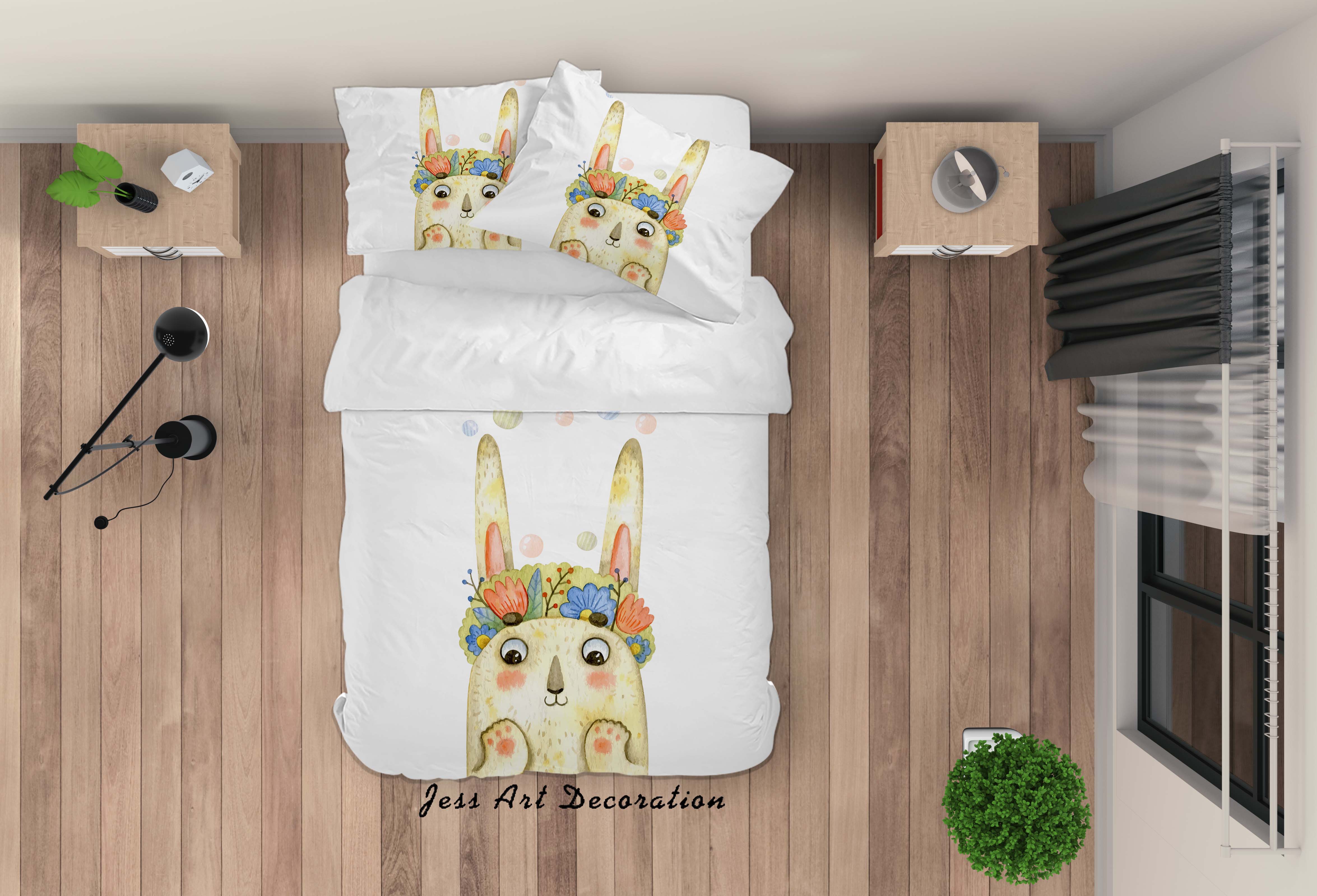 3D White Cartoon Rabbit Floral Quilt Cover Set Bedding Set Duvet Cover Pillowcases Sf92