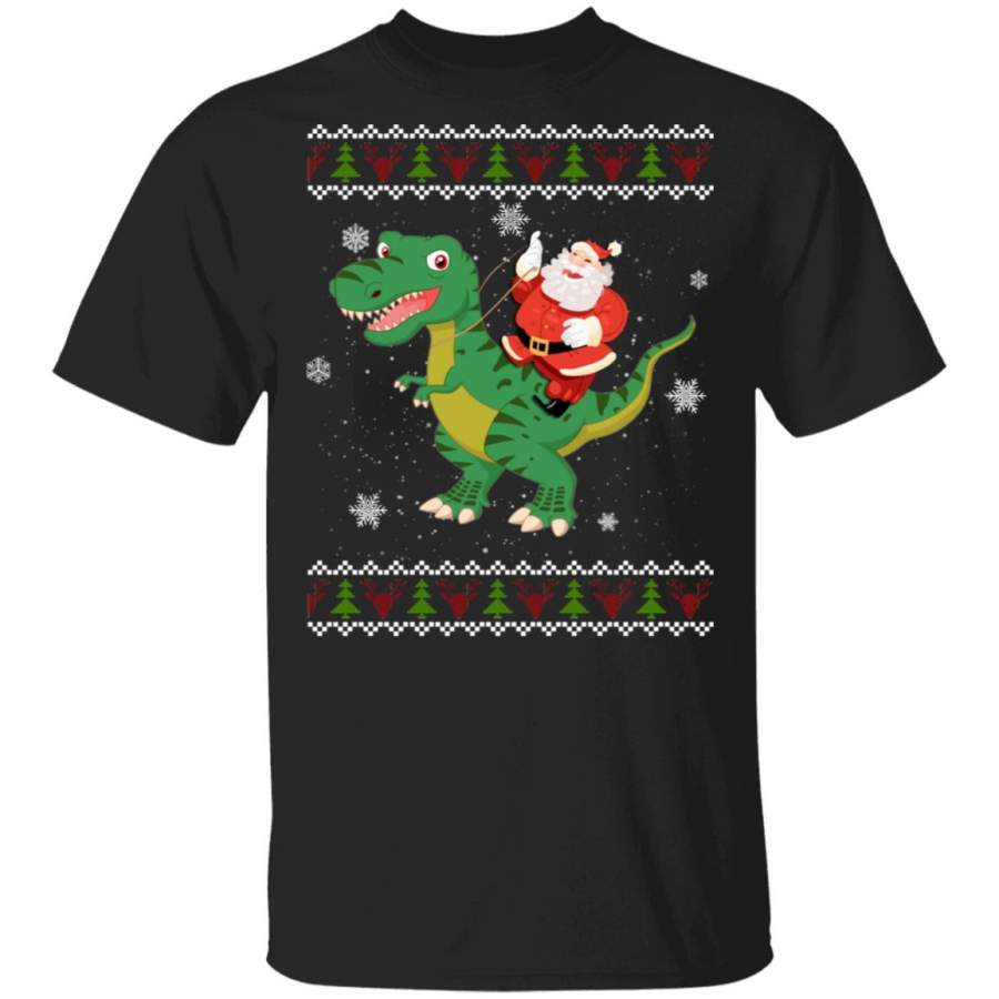 Santa claus riding T-rex dinosaurs ugly christmas sweater