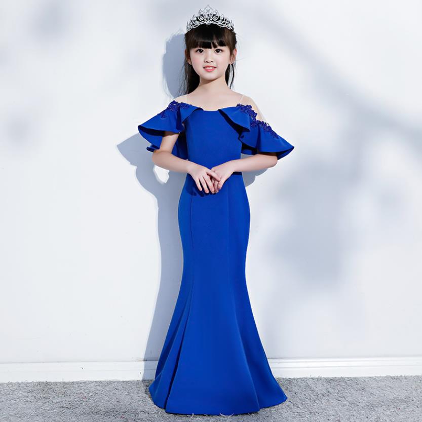 2Y-14Y children dresses for wedding baby girl birthday dress vestudo de festa blue ruffle princess dress for girls beautiful alx