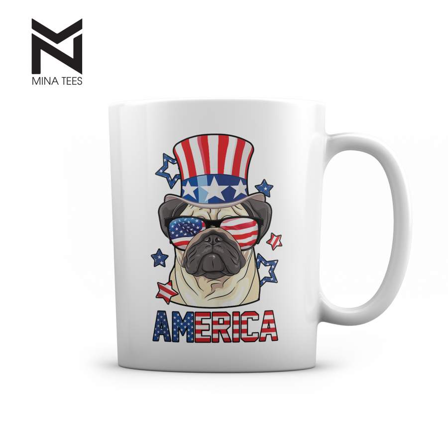 America Pug Dog Owner 4th of July USA Flag Men Women Kids – 11oz White Mug