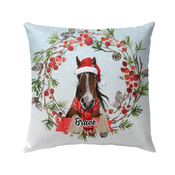 Personalized Pillow, Horse Wreath, Christmas Gift For Horse Lovers